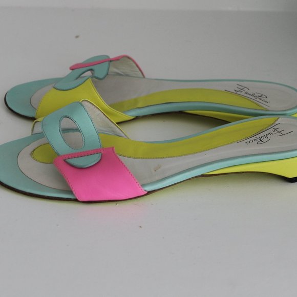 RARE RETRO Emilio Pucci Colorblock Leather Yellow Pink Green Slides Sandals 37.5 - Picture 5 of 11
